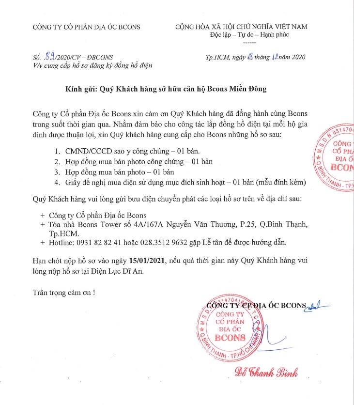 Thông Báo Cung Cấp Hồ Sơ Đăng Ký Đồng Hồ Điện Dự Án Bcons Miền Đông | |  Công Ty Cổ Phần Đầu Tư Xây Dựng Bcons