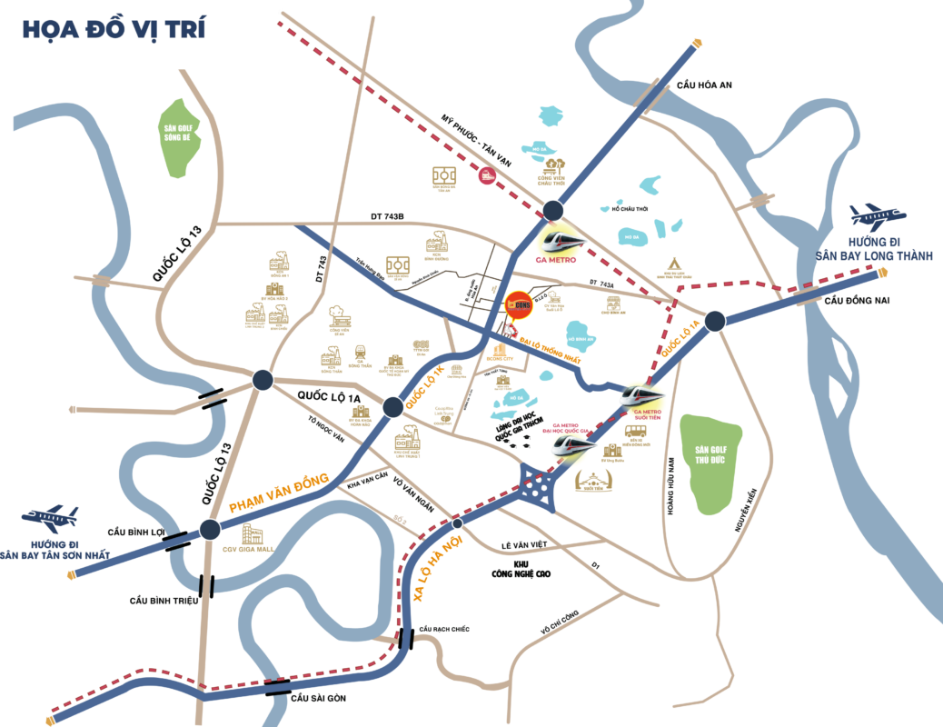 Vị trí căn hộ Bcons Center City gần Làng Đại học và Metro số 1