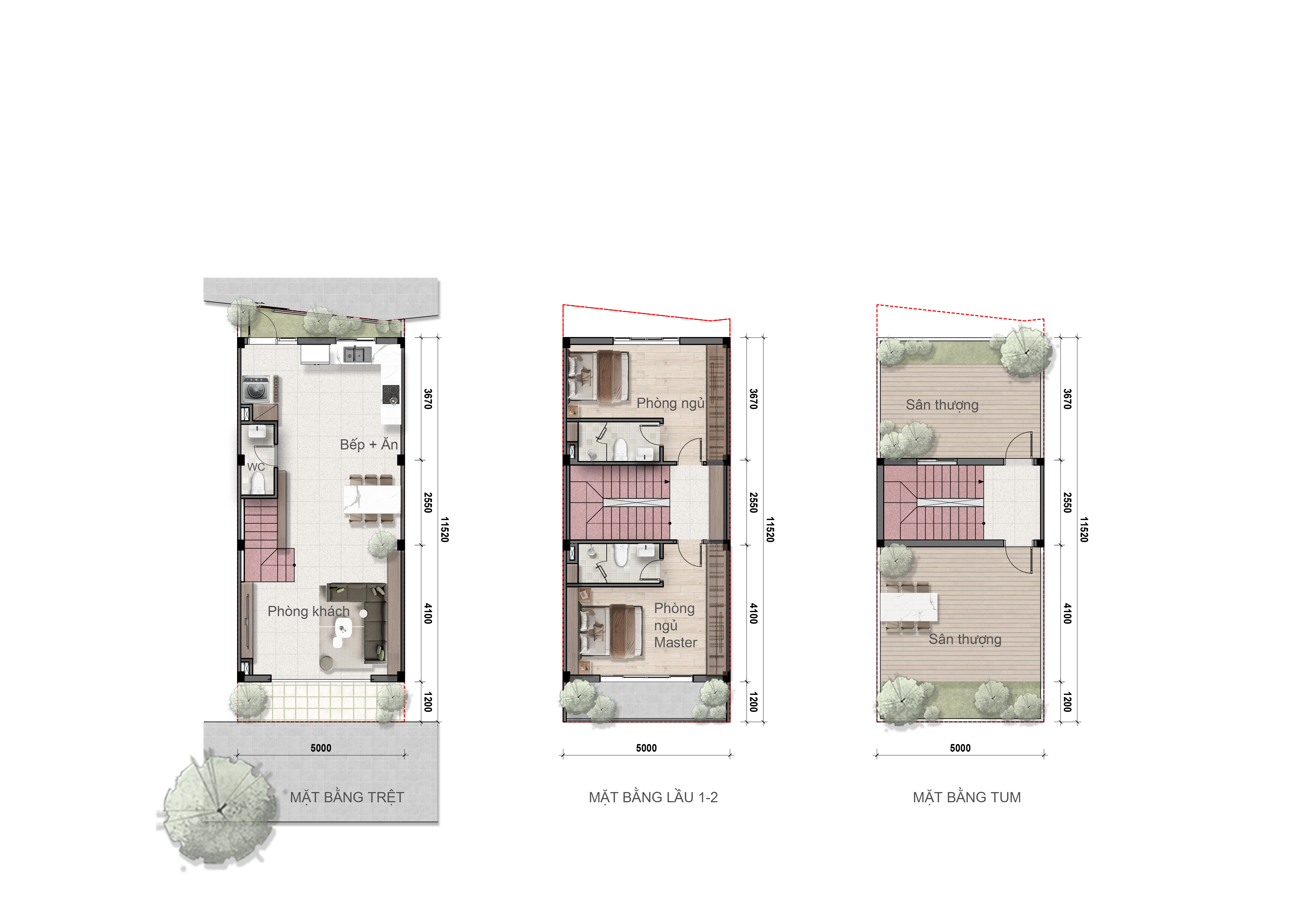Layout nhà phố Bcons City Life mẫu M50 - mặt bằng trệt, lầu 1-2, tum