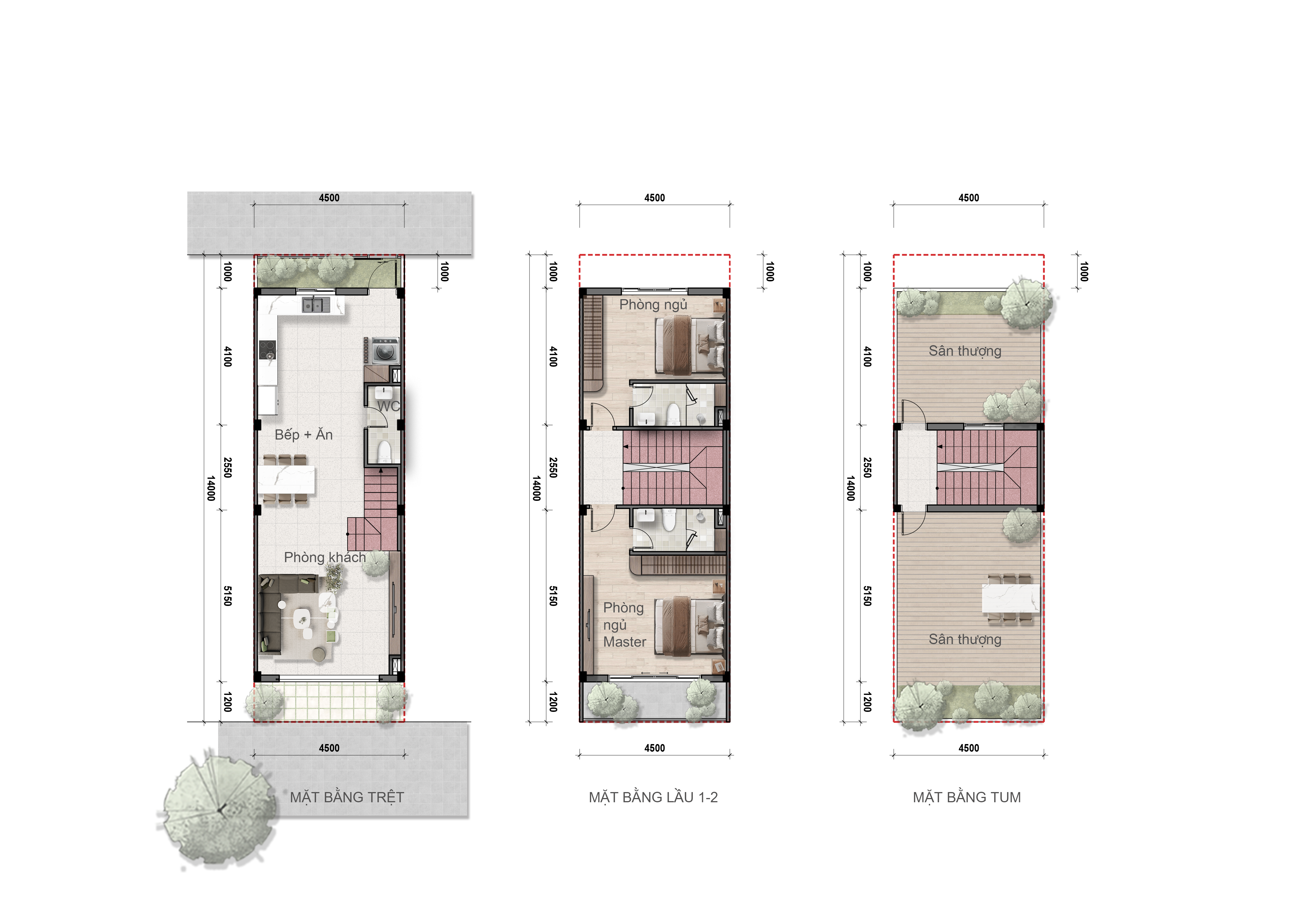 Layout nhà phố Bcons City Life mẫu M45 - mặt bằng các tầng