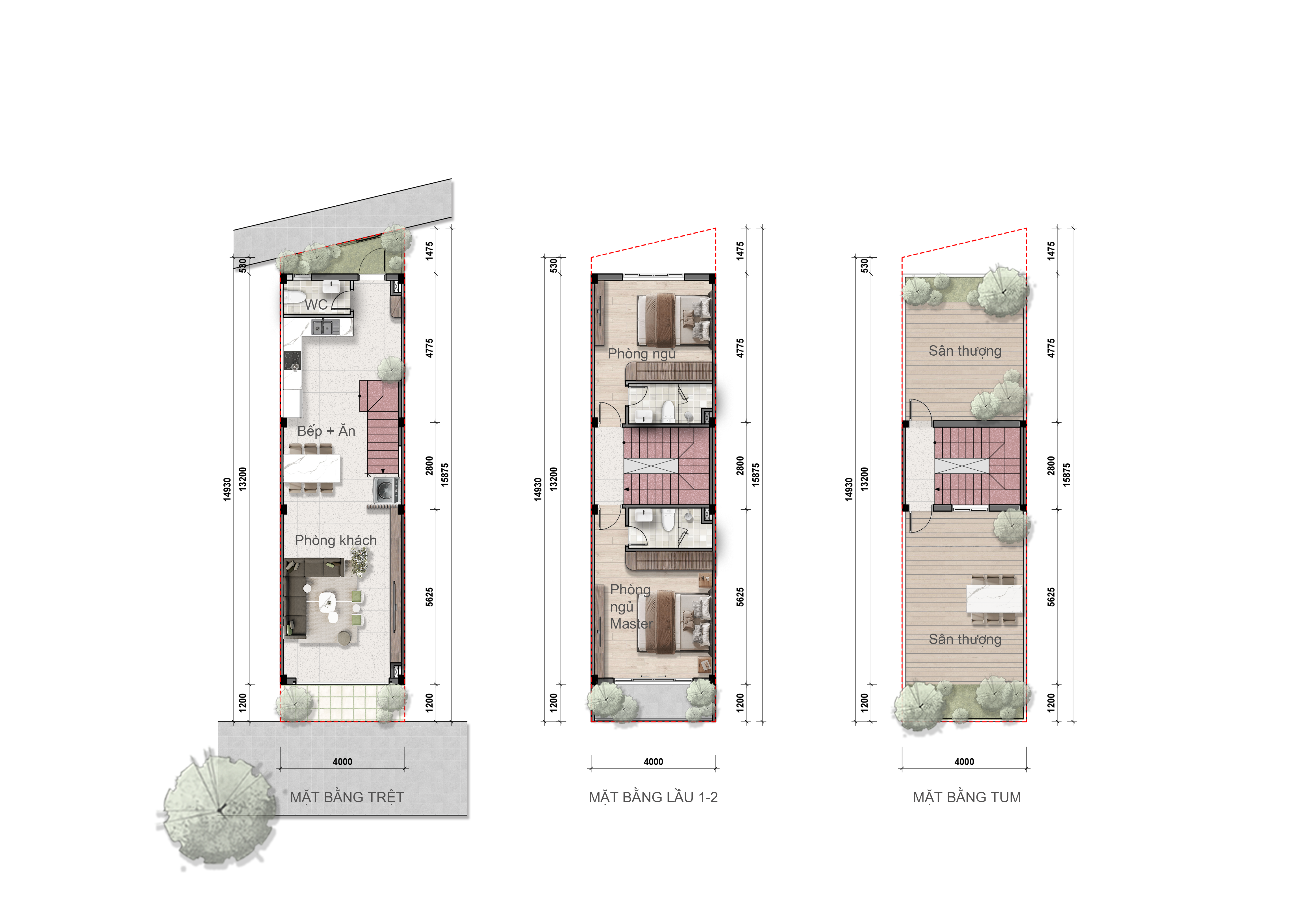 Layout nhà phố Bcons City Life mẫu M40 - mặt bằng các tầng